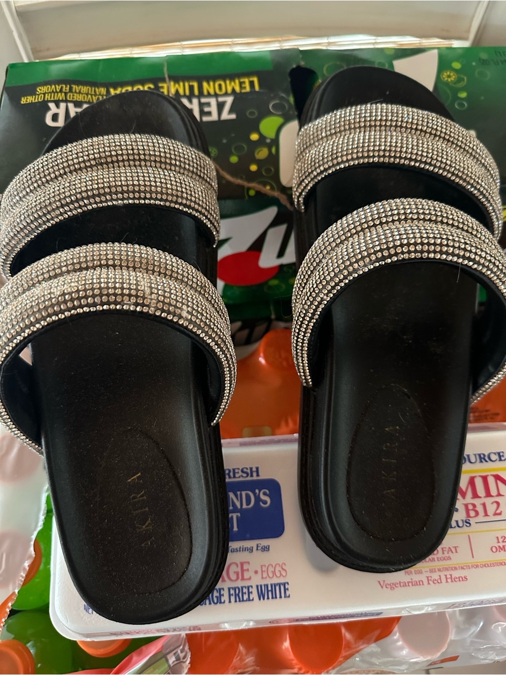 AKIRA Black Crystal-Embellished Slide Sandals